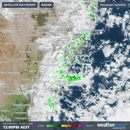 Showers streaming over the NSW coast on Wednesday, May 13, 2026. Source: Weatherzone.