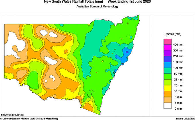 Weekly rainfall map, week ending 1 June 2026, Source: Bureau of Meteorology.