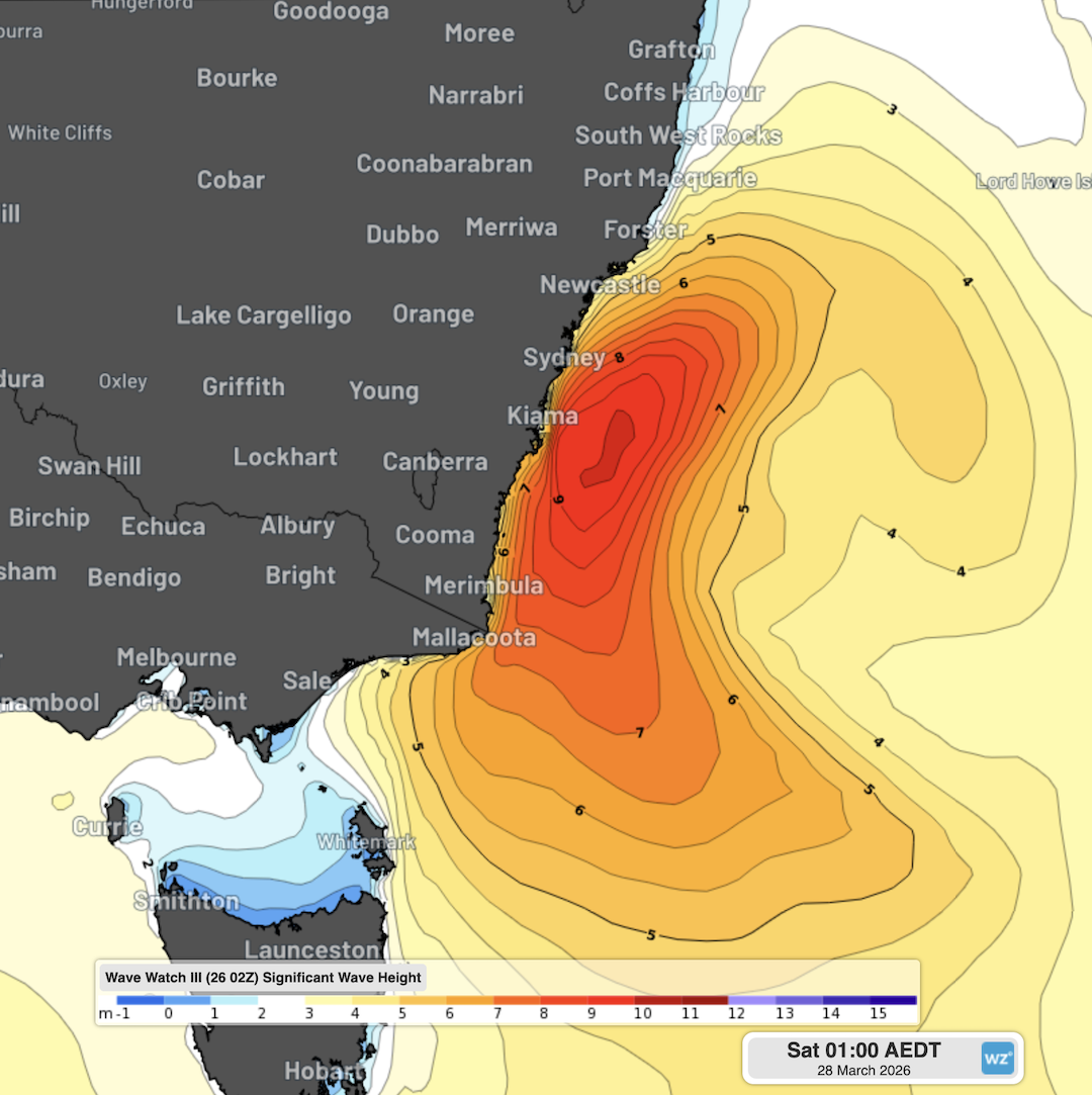 Forecast significant wave height at 1am AEDT on Saturday. Source: Weatherzone.