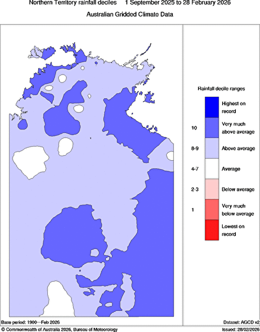 Observed rainfall deciles in the NT during the last six months. The darker blue shading shows areas that had rainfall in the top 10 percent of historical records over this period. Source: Bureau of Meteorology.