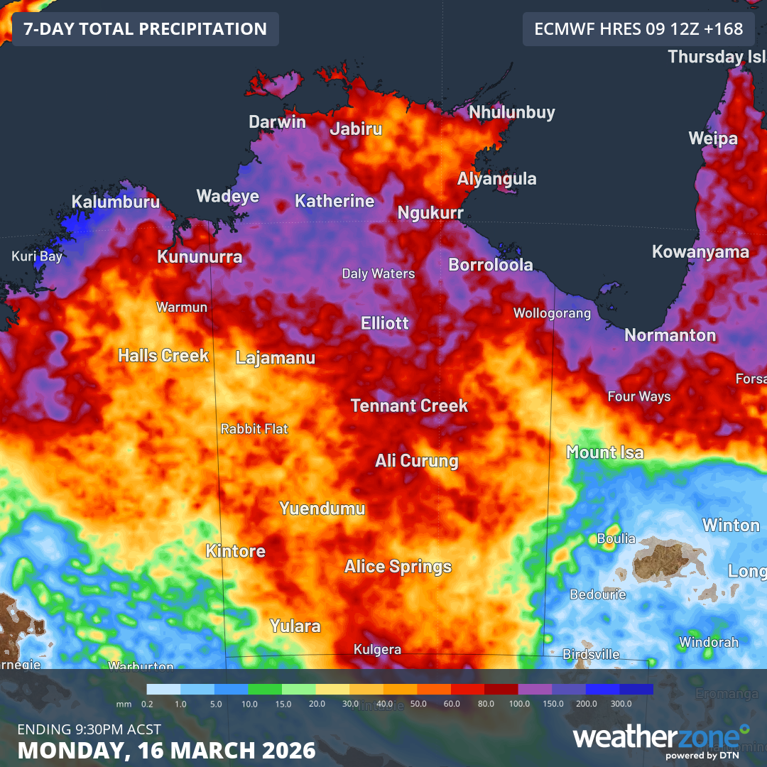 Forecast accumulated rain during the 7 days ending at 9:30pm ACST on Monday, March 16, 2026. Source: Weatherzone.