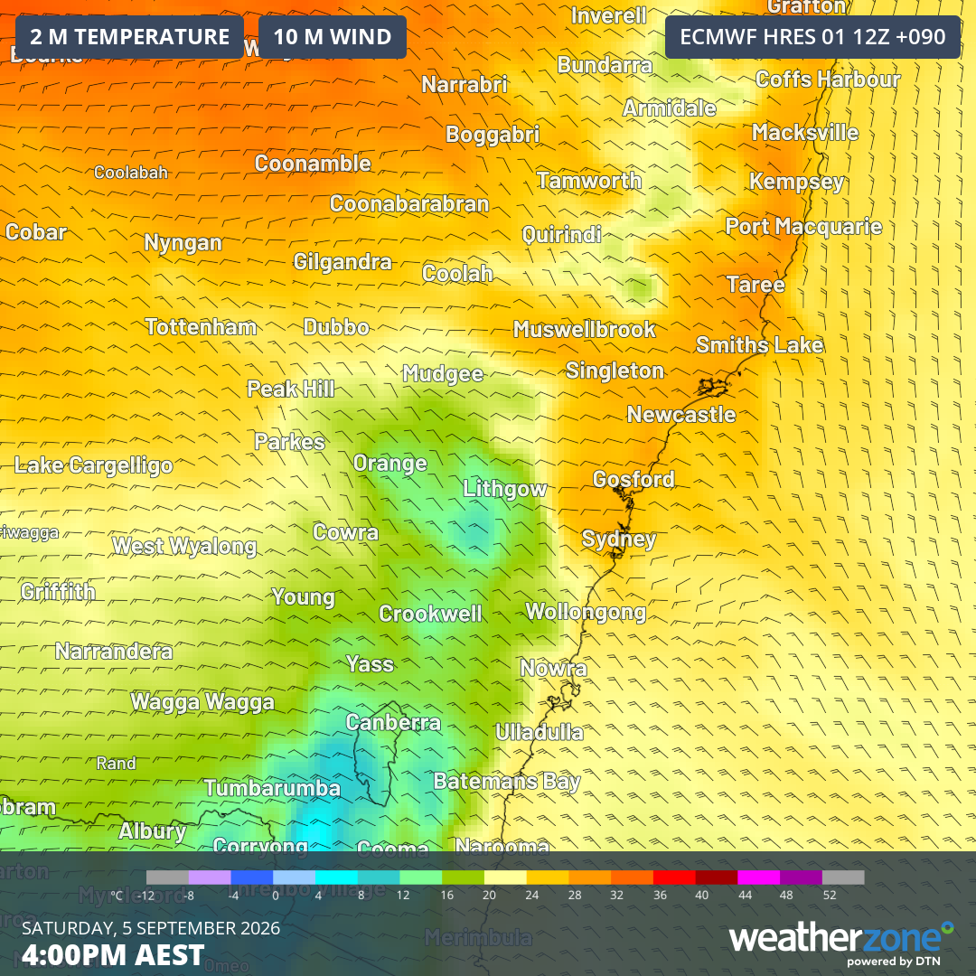 Forecast wind and temperature at 4pm AEST on Saturday, September 5, 2026. Source: Weatherzone.