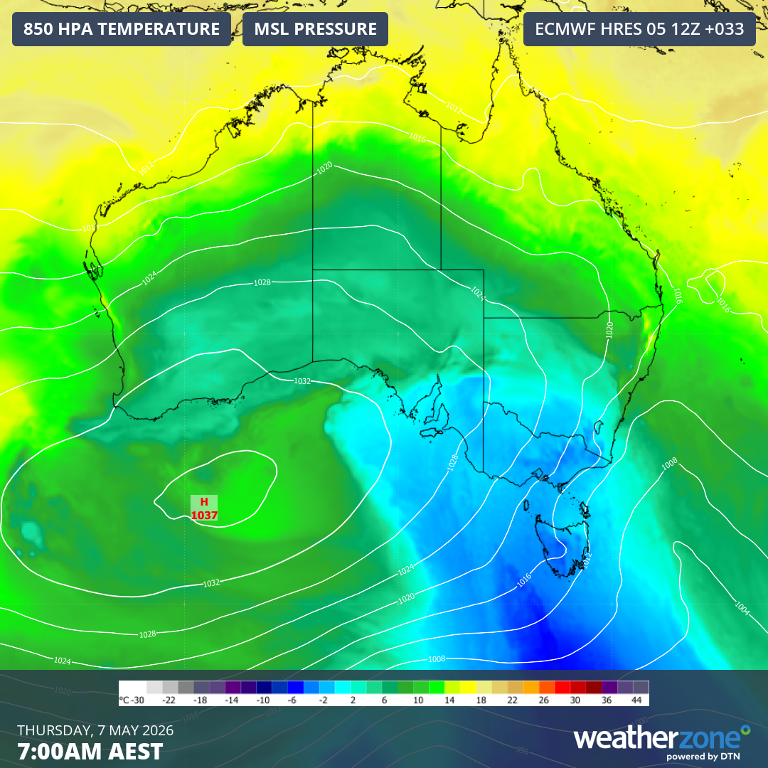 Forecast 850 hPa temperature and mean sea level on Thursday morning, showing cold air over southeastern Australia in the wake of a cold front. Source: Weatherzone.