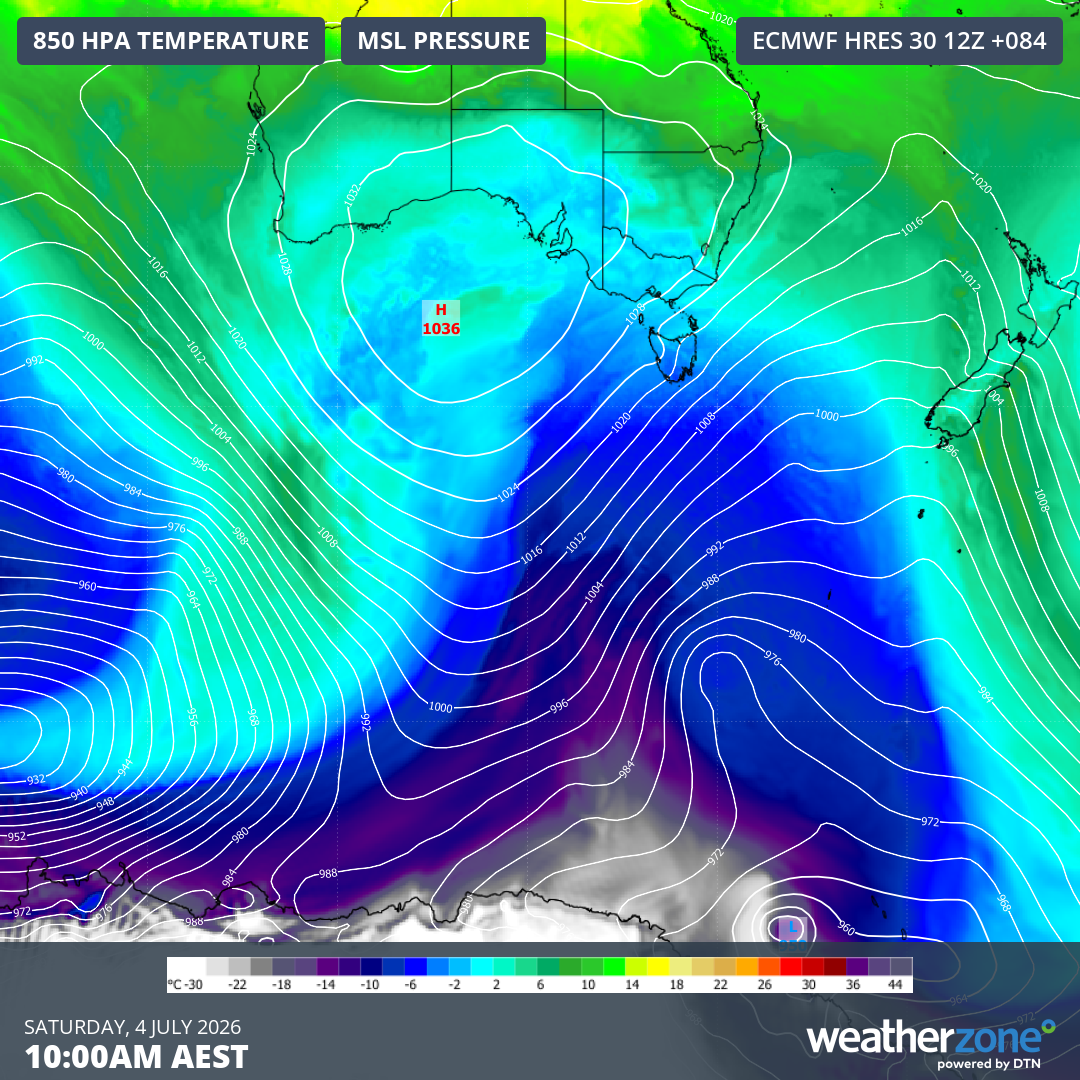 Forecast 850 hPa temperatures and mean sea level pressure for Tasmania and southern mainland Australia at 10 am (AEST) on Saturday, July 4, 2026, according to the ECMWF model. Source: Weatherzone