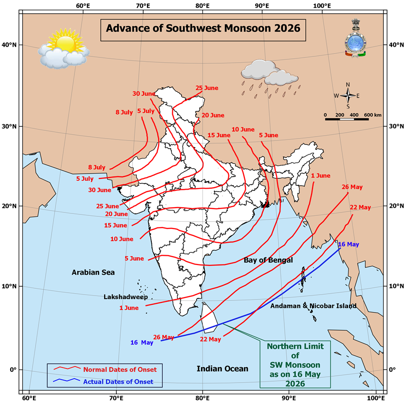 Advance of the 2026 southwest monsoon onset (blue) and the normal dates of onset (red). Source: IMD