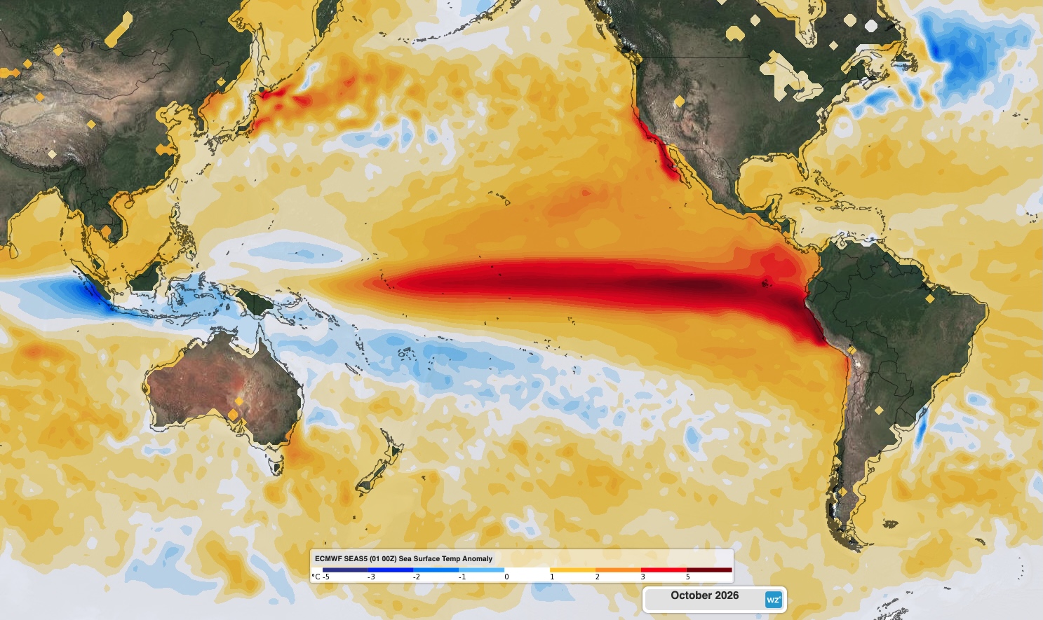 Forecast sea surface temperature anomaly in October 2026, showing a distinctive El Niño pattern in the Pacific Ocean. Source: Weatherzone.