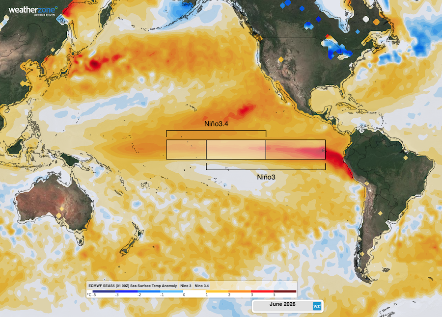 Forecast sea surface temperature anomalies in the Pacific Ocean in June 2026, according to the ECMWF SEAS5 model. Source: Weatherzone.
