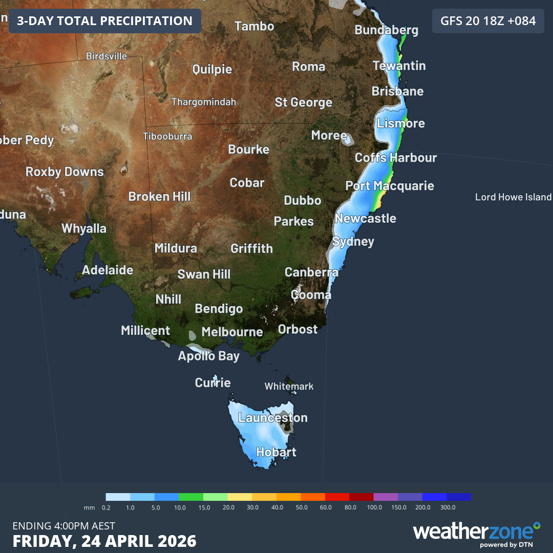 Predicted rainfall accumulation for SE Australia up until 4pm (AEST) on Friday, April 24, 2026, according to the GFS model. Source: Weatherzone