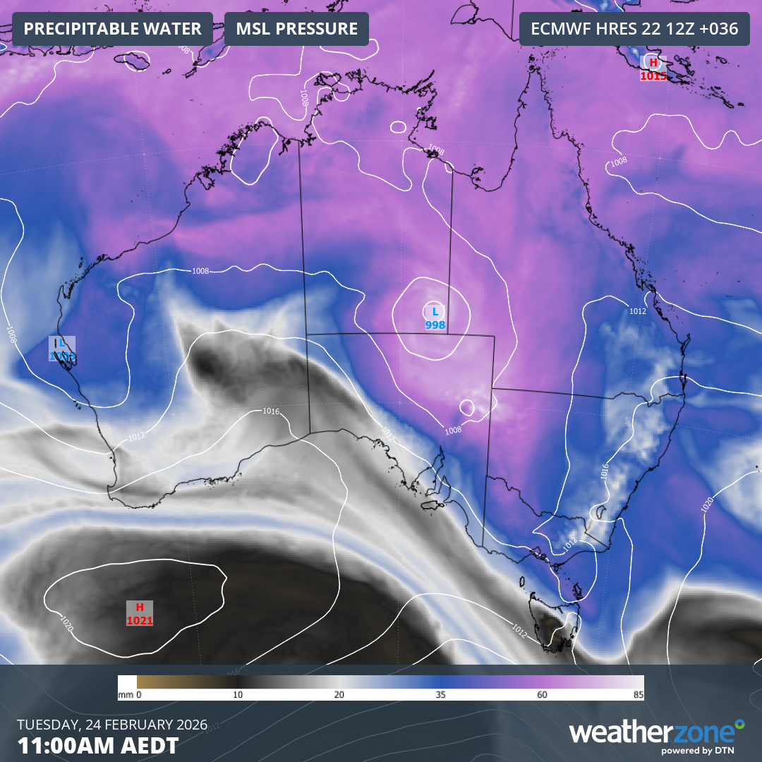 Forecast precipitable water and mean sea level pressure (MSLP) over Australia at 11am AEDT on Tuesday, February 24, 2026. Source: Weatherzone.