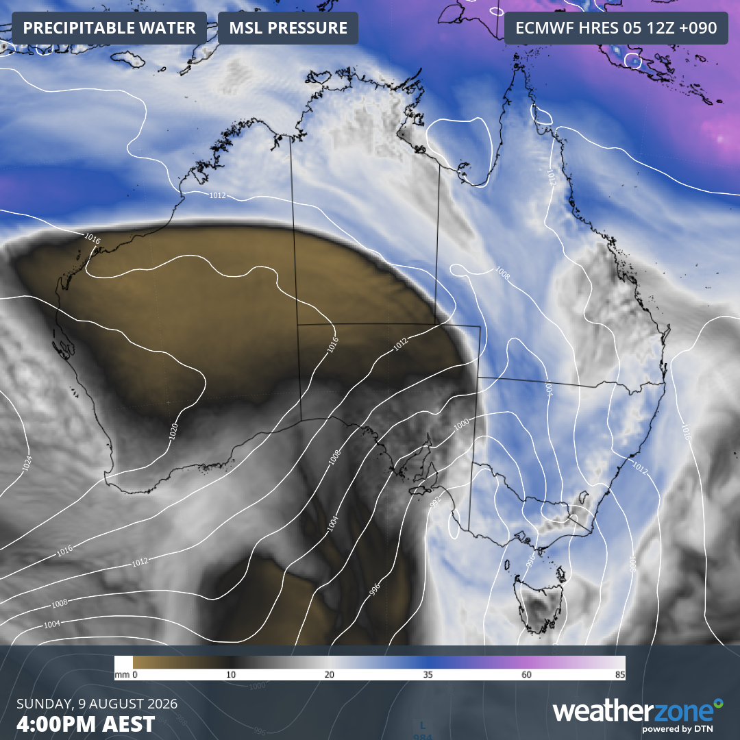 Image: Precipitable water and mean sea level pressure for Australia predicted for 4 pm (AEST) on Sunday, August 9, 2026.