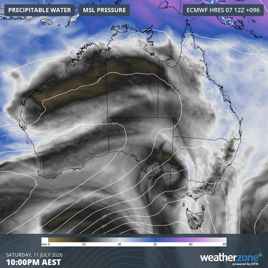 Precipitable water and mean sea level pressure for Australia predicted for Australia on July 11, 2026, according to the ECMWF model, showing the westerly flow that will bring snow to the mountains of southeastern Australia. Source: Weatherzone.
