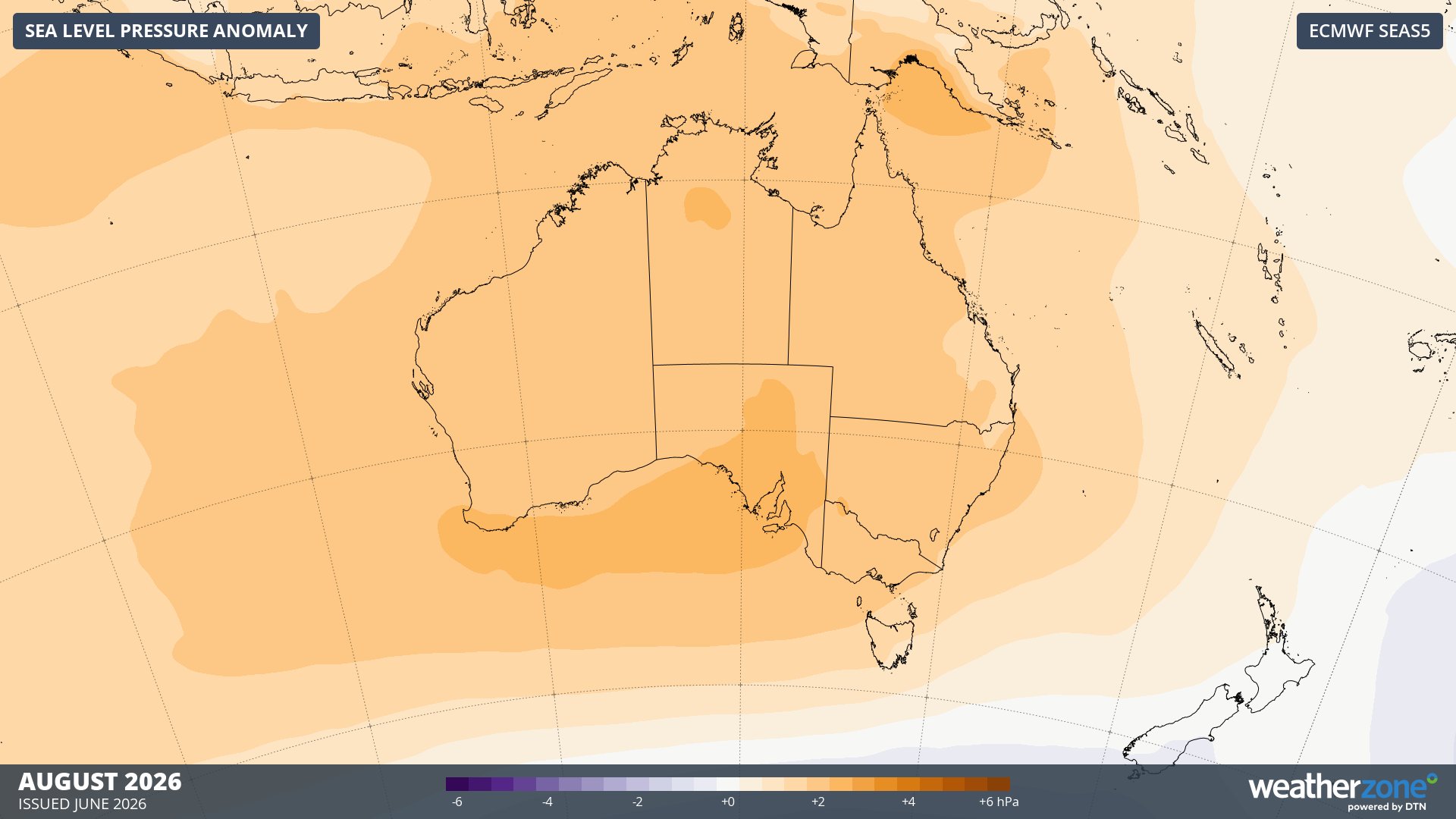 Forecast mean sea level pressure anomaly in August 2026. Source: Weatherzone / ECMWF SEAS5