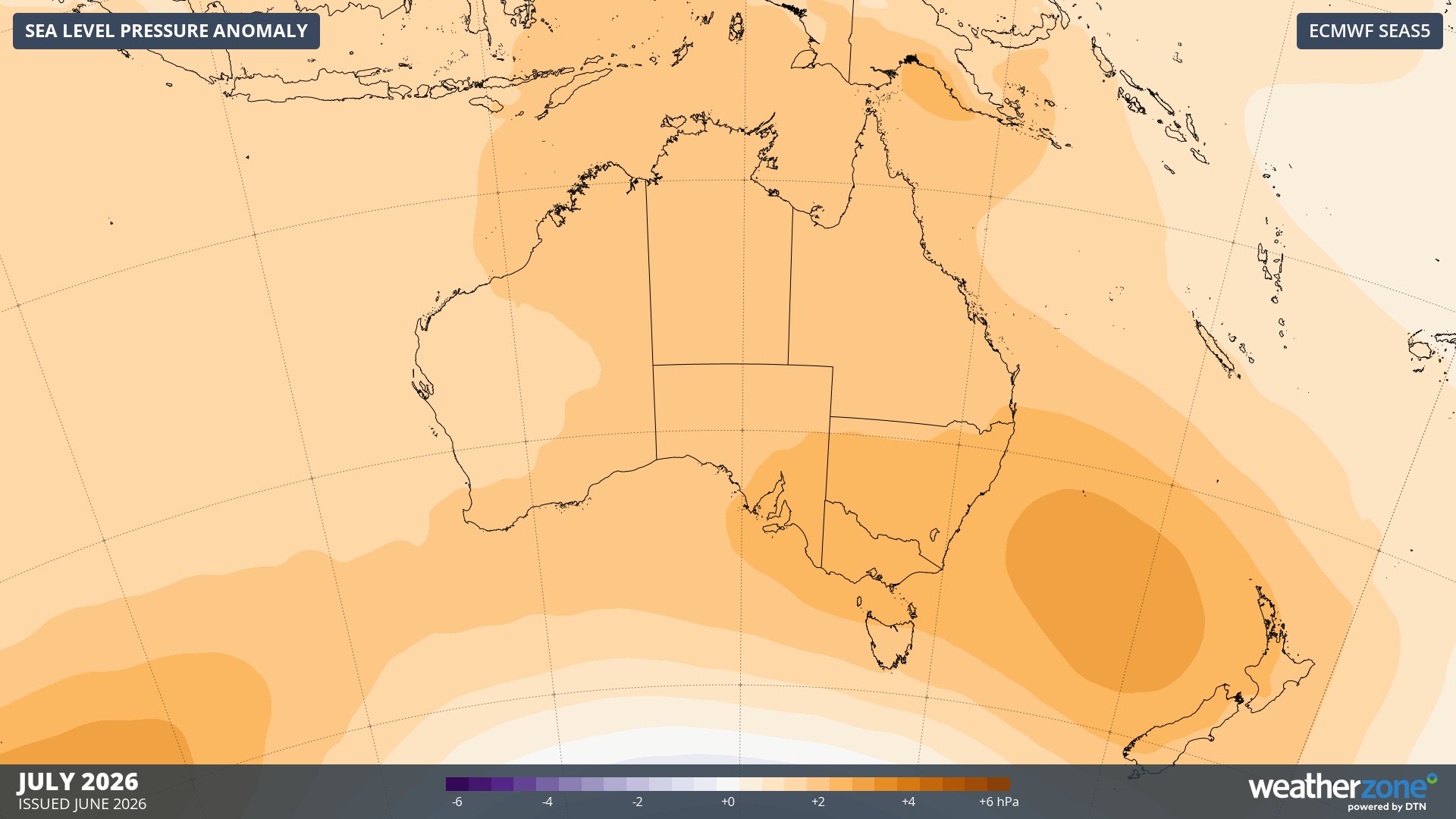 Forecast mean sea level pressure anomaly in July 2026. Source: Weatherzone / ECMWF SEAS5