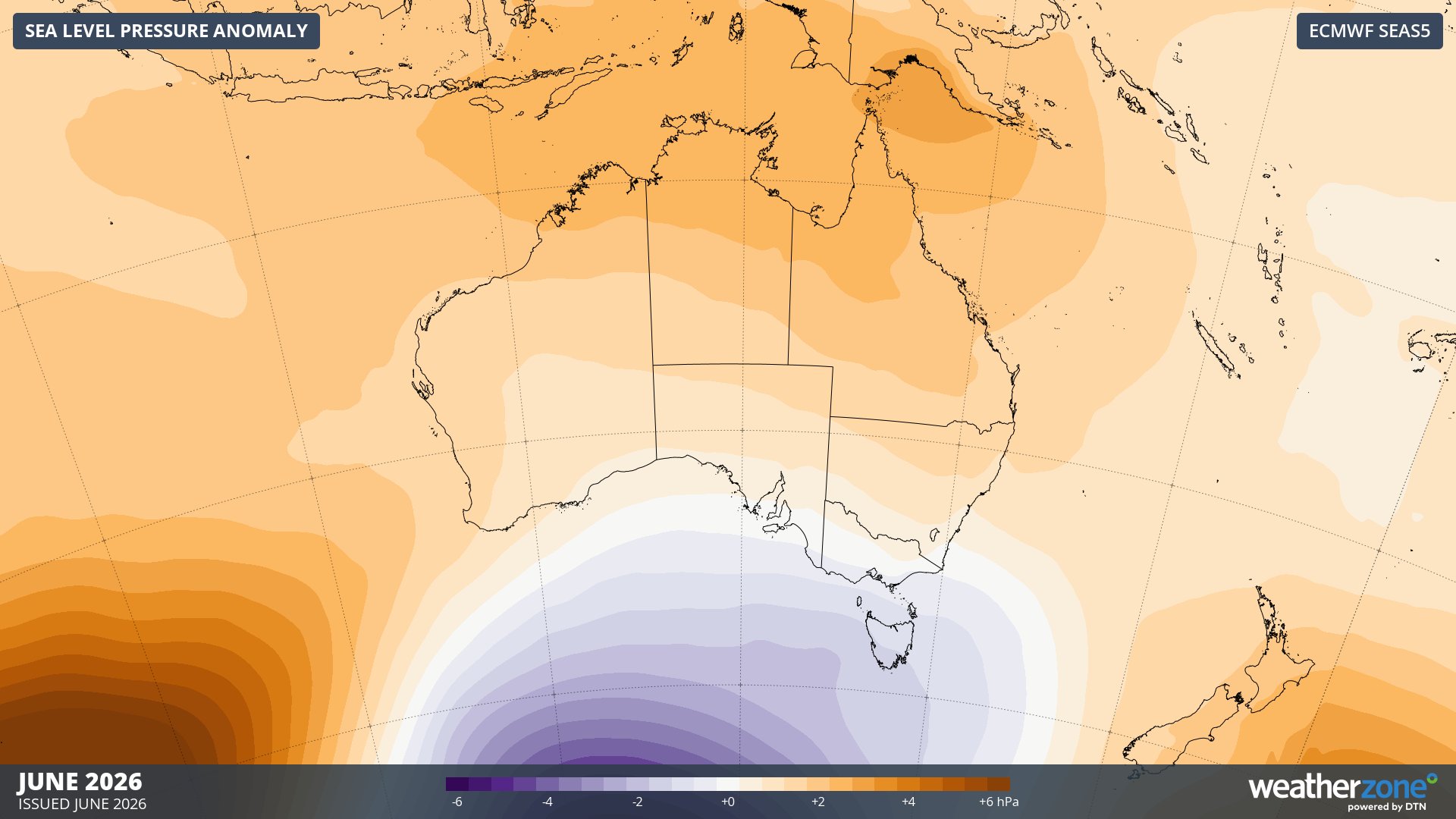 Forecast mean sea level pressure anomaly in June 2026. Source: Weatherzone / ECMWF SEAS5
