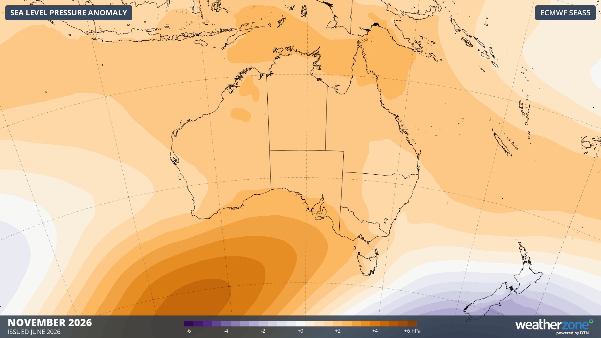 Forecast mean sea level pressure anomaly in November 2026. Source: Weatherzone / ECMWF SEAS5