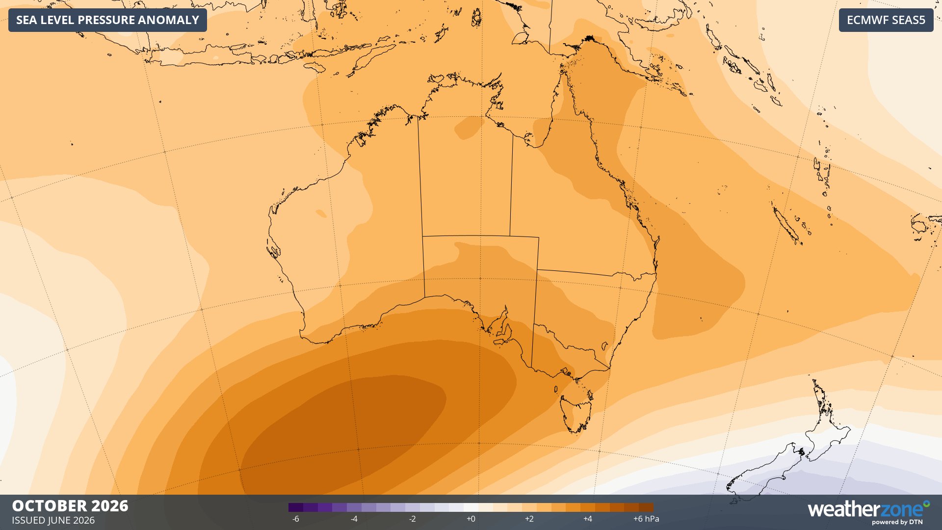 Forecast mean sea level pressure anomaly in October 2026. Source: Weatherzone / ECMWF SEAS5