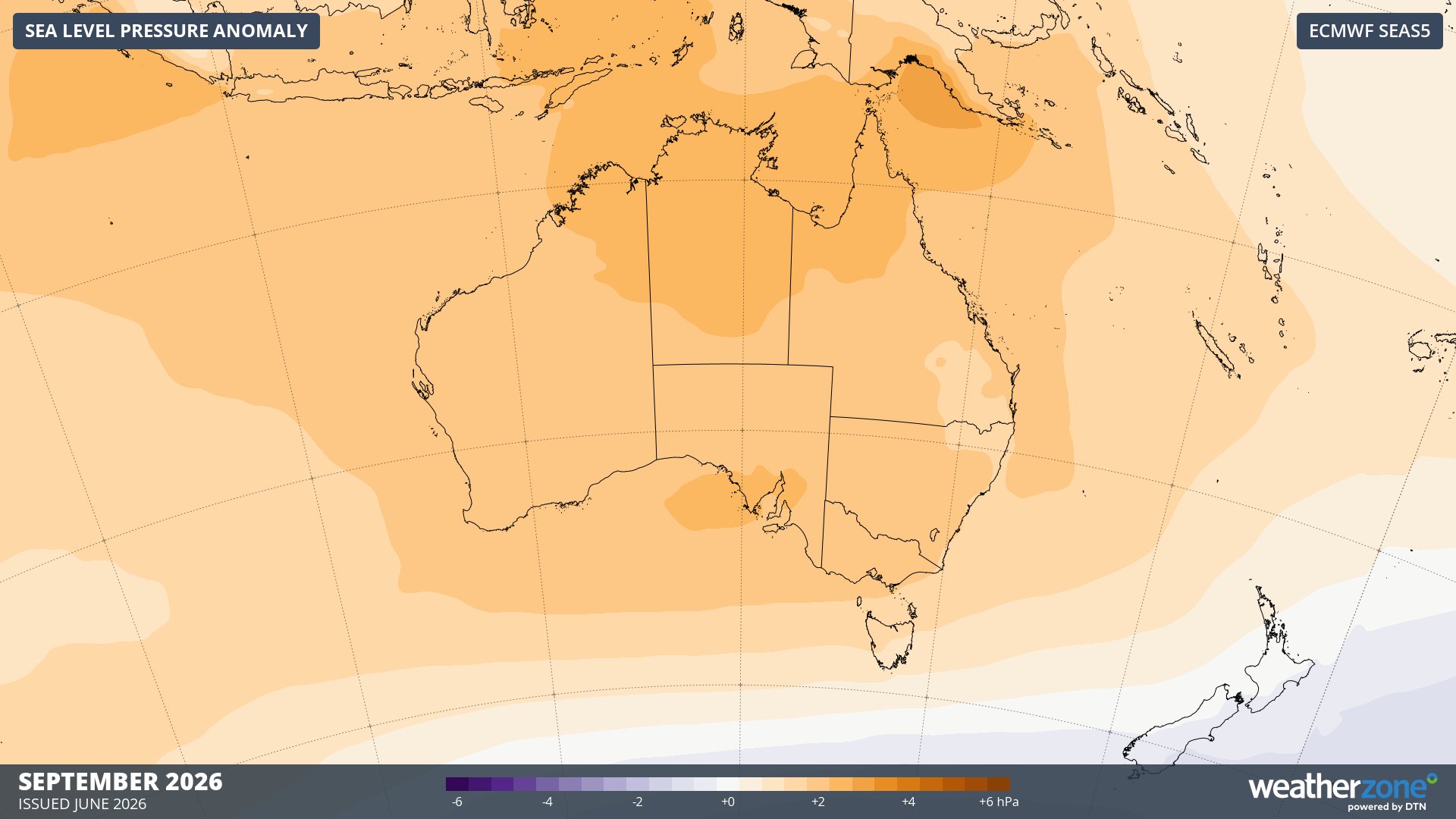 Forecast mean sea level pressure anomaly in September 2026. Source: Weatherzone / ECMWF SEAS5