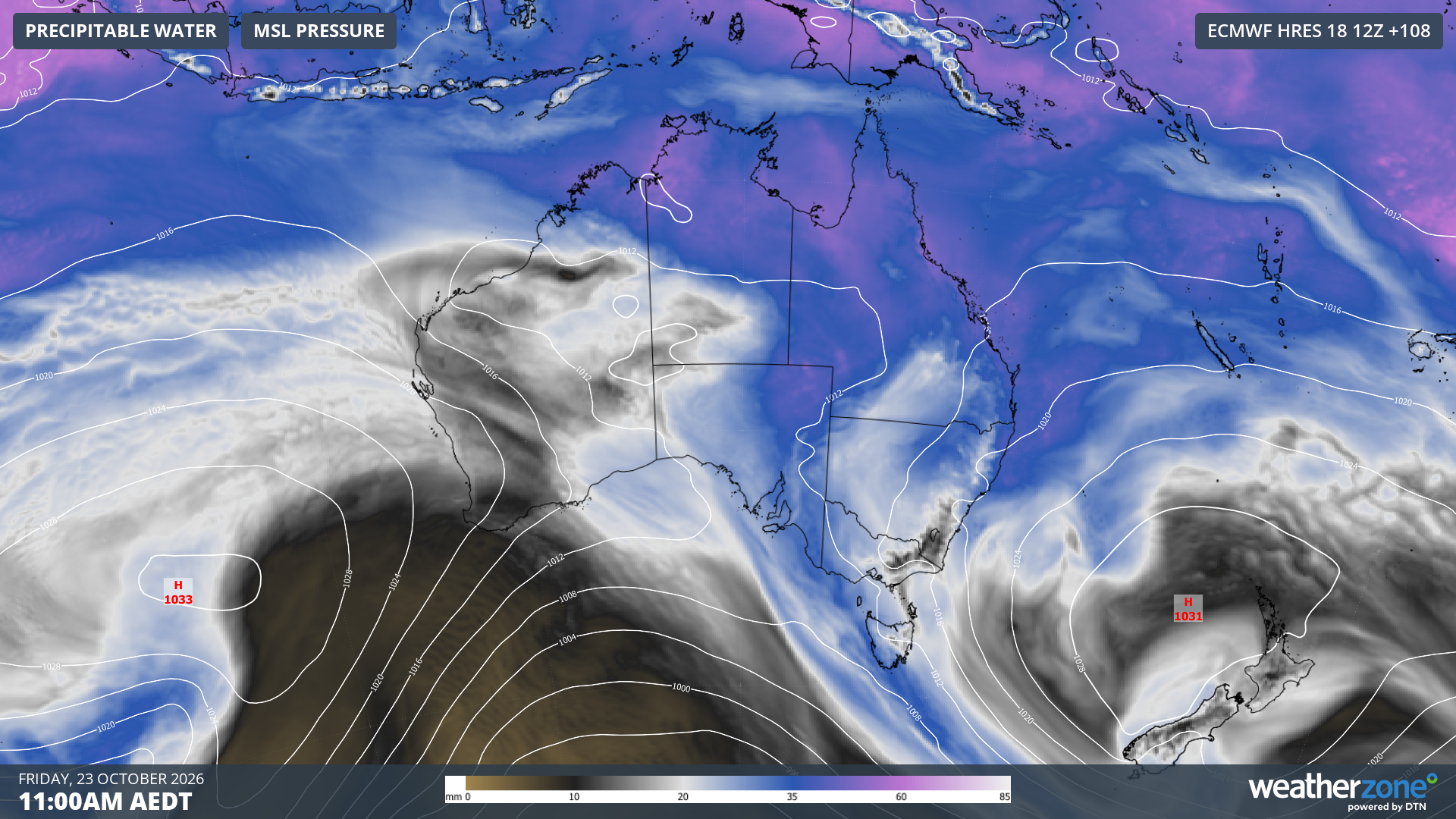 Modelled mean sea level and precipitable water at 11 am AEDT on Friday, October 23, 2026, showing the same high pressure system still centred above the Tasman Sea.