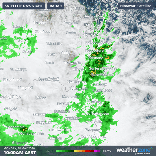 Radar and satellite images showing persistent rain over southeast Qld and northeast NSW on Monday, May 18, 2026. Source: Weatherzone.