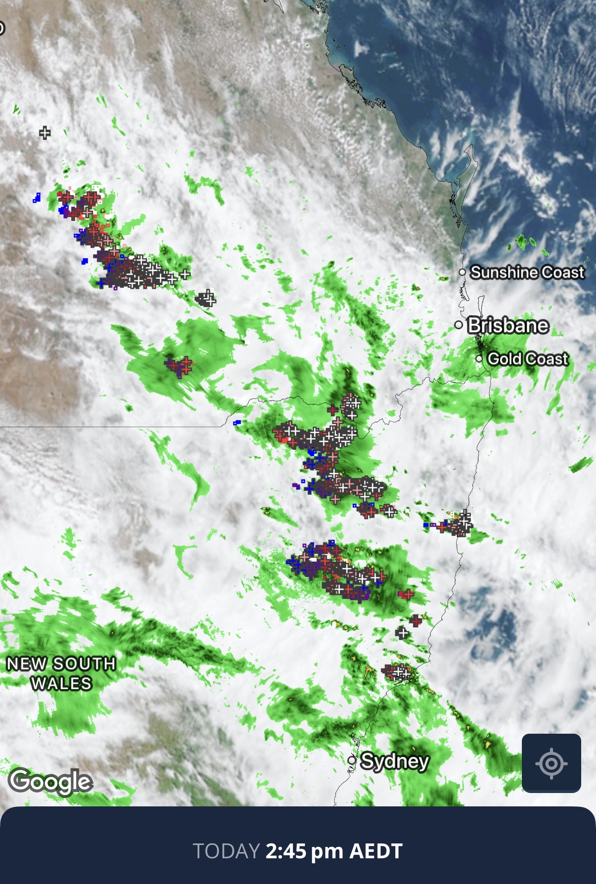 Composite satellite, radar and lightning strikes on the Weatherzone app, showing thunderstorms over eastern Australia on Tuesday afternoon. Source: Weatherzone.