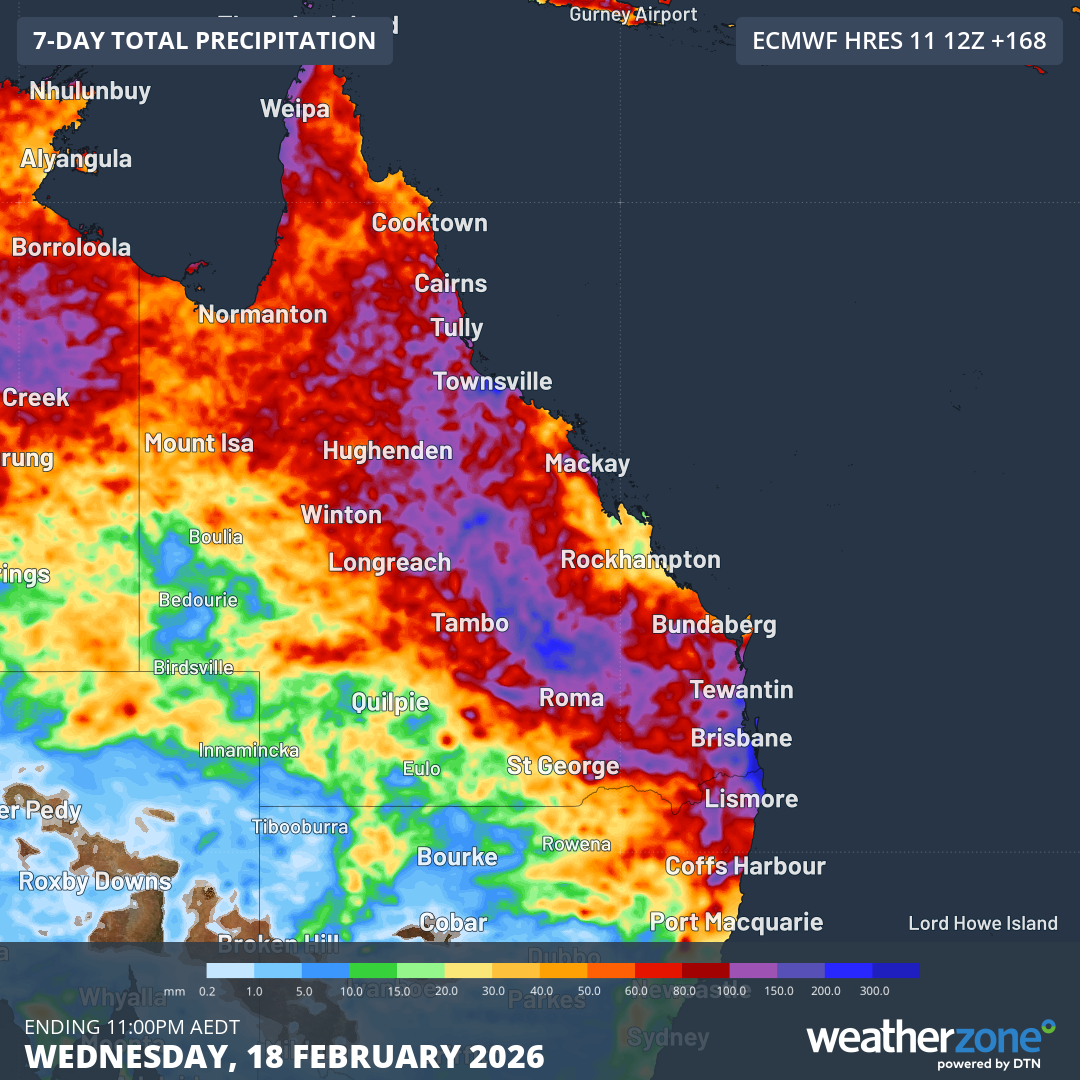 Forecast accumulated rain over the next seven days. Source: Weatherzone.