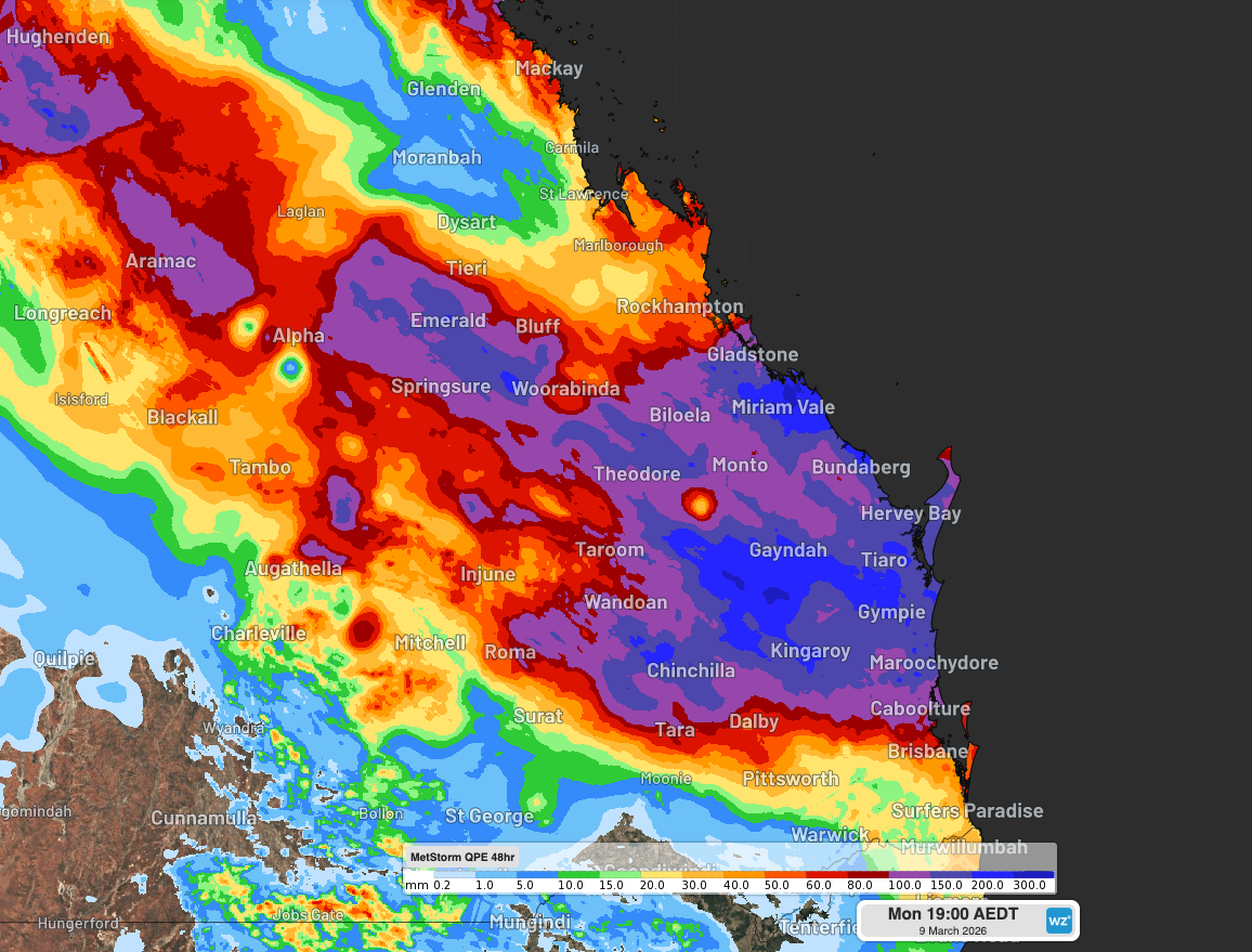 Estimated rainfall during the 48 hours ending at 6pm AEST on Monday, March 9, 2026. Source: Weatherzone.