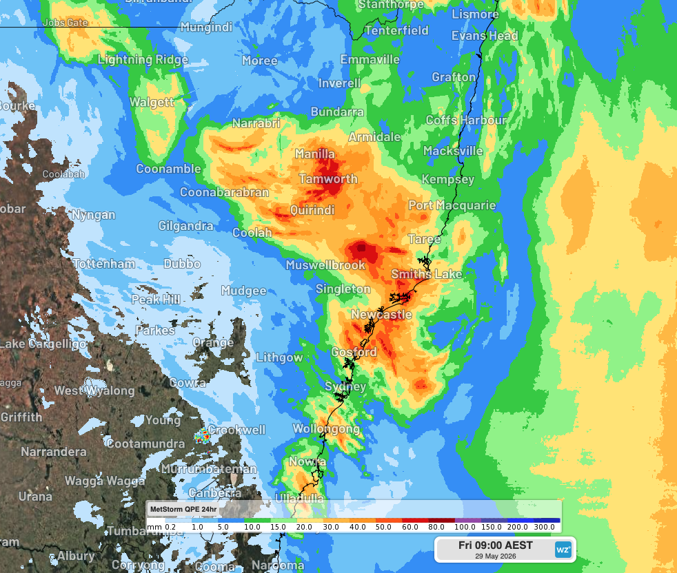 Estimated rainfall during the 24 hours to 9am on Friday, May 29, 2026. Source: Weatherzone.