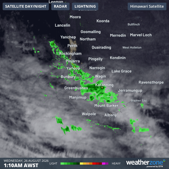 Composite radar and satellite images showing showers training over southwestern Australia early on Wednesday, August 26, 2026. Source: Weatherzone.