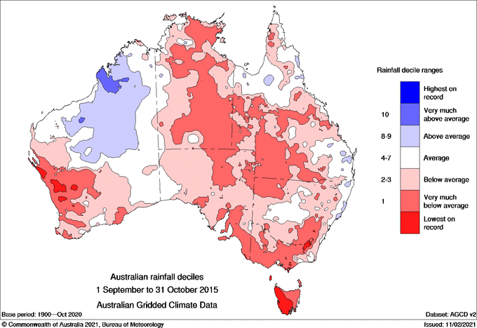 Observed rainfall deciles in September–October 2015. Source: Bureau of Meteorology.