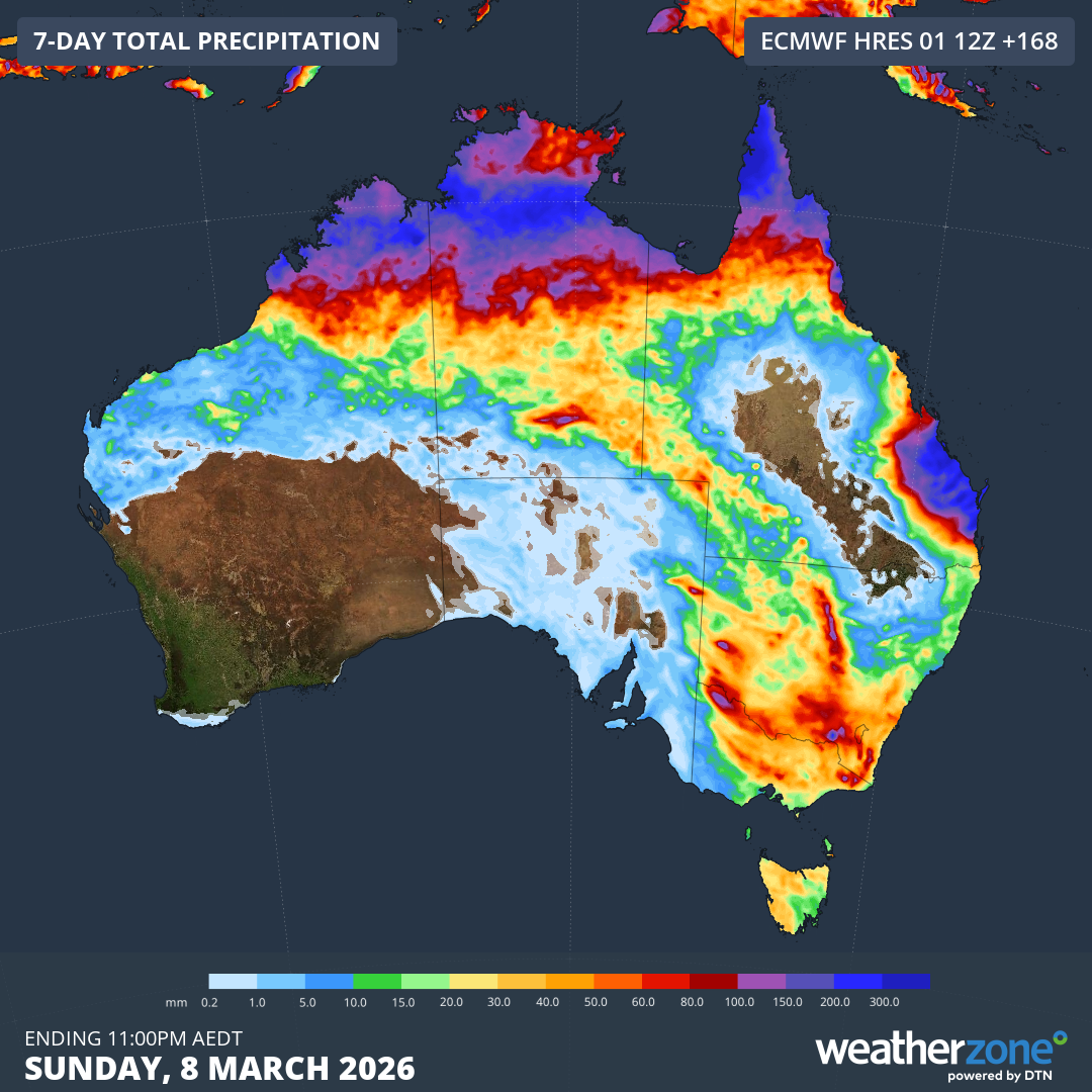 Forecast accumulated rain this week, according to the ECMWF model. Source: Weatherzone.
