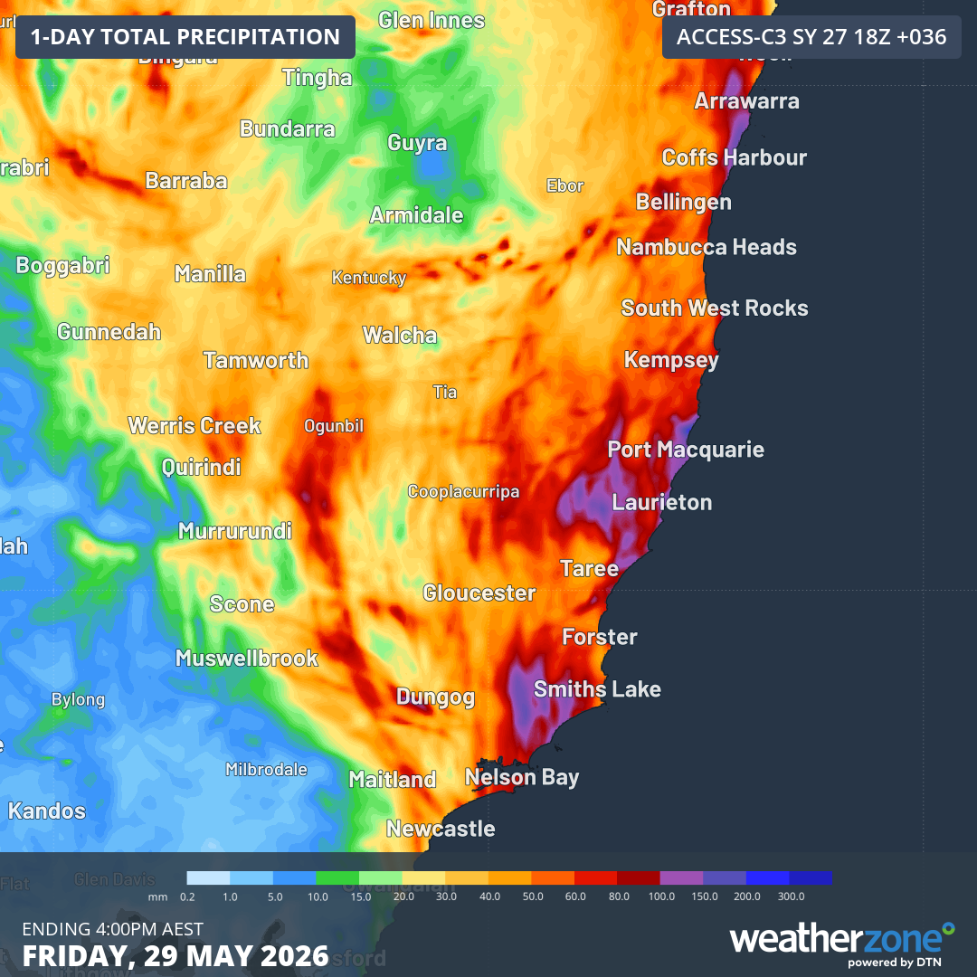 Forecast accumulates rain during the 36 hours ending at 4pm AEST on Friday, May 29, 2026. Source: Weatherzone.