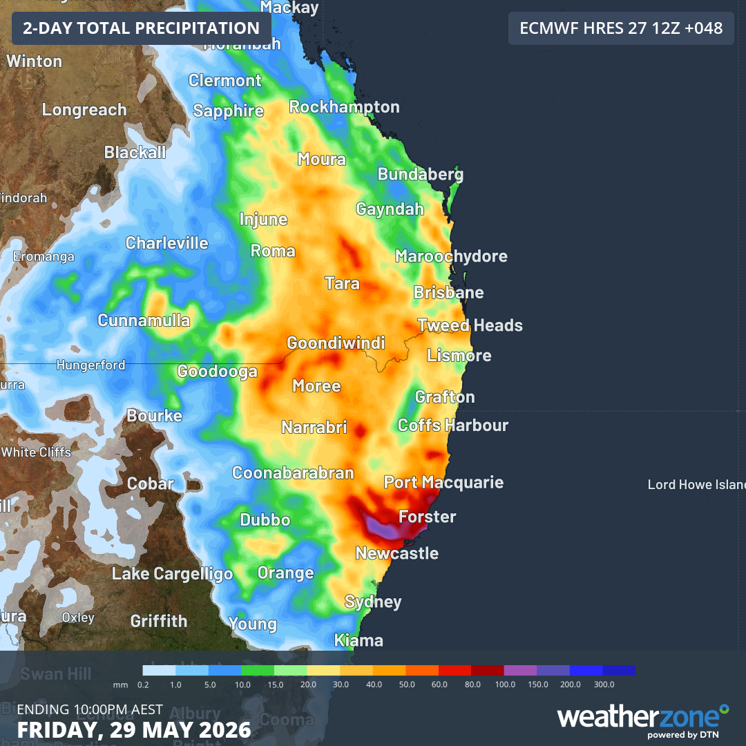 Forecast accumulated rain during the 48 hours ending at 10pm AEST on Friday, May 29, 2026. Source: Weatherzone.