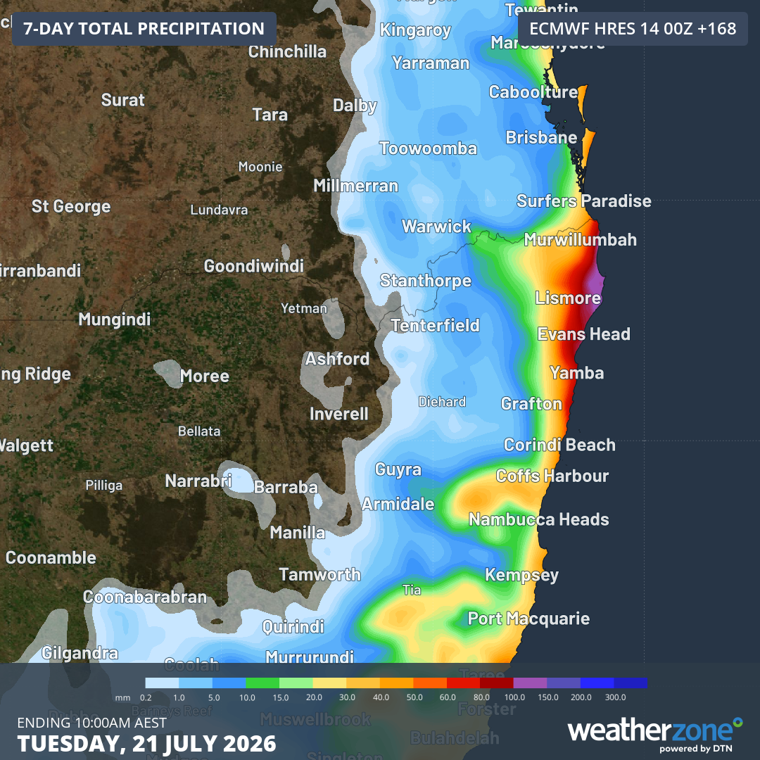 Predicted 7-day total precipitation for the NSW North Coast and nearby areas up until July 21, 2026, according to the ECMWF model. Source: Weatherzone.