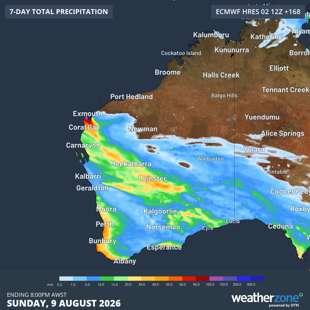 Rainfall predicted for Western Australia up until 8 pm (AWST) on Sunday, August 9, 2026, according to the ECMWF model. Source: Weatherzone.