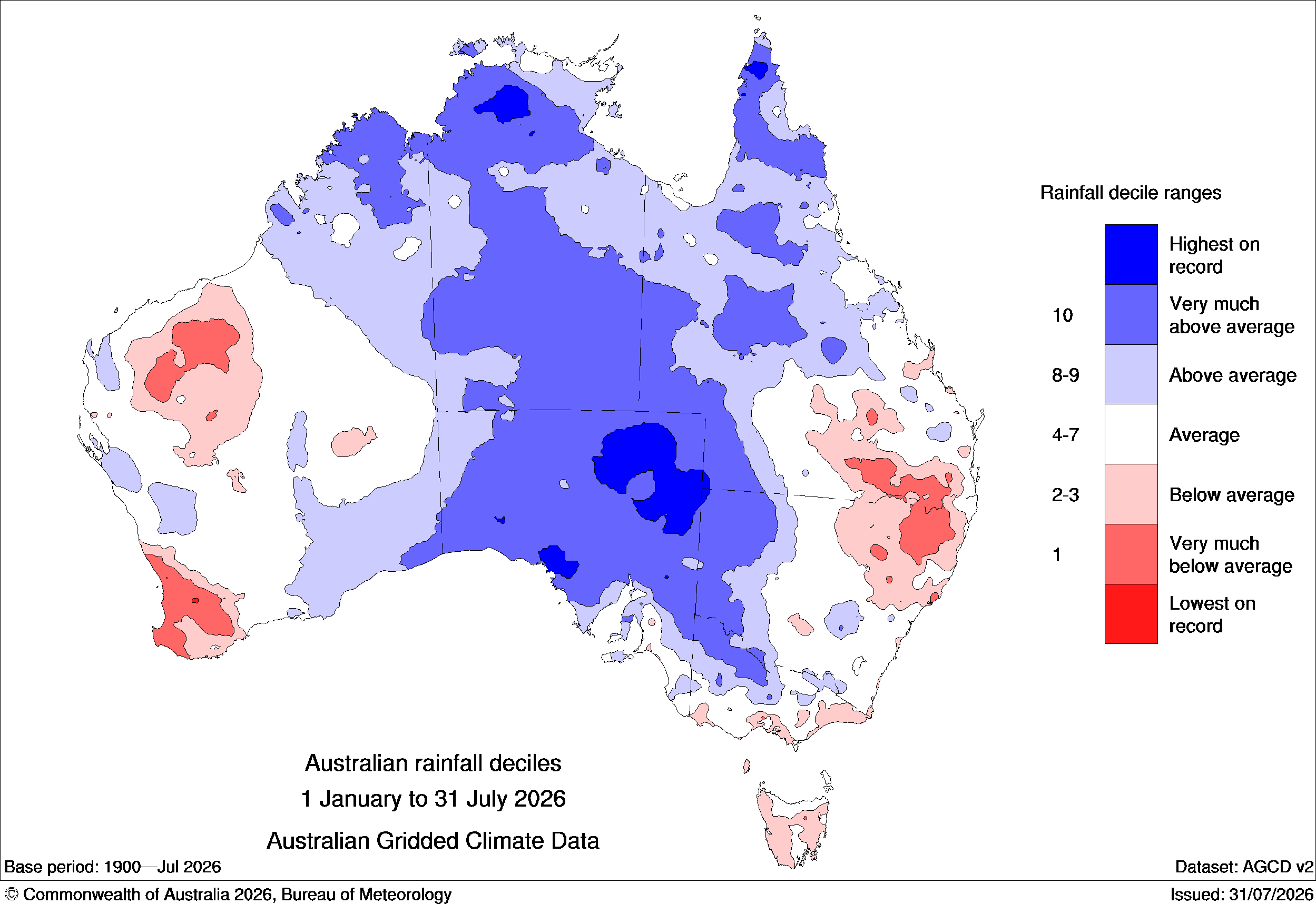 Observed rainfall deciles during the first seven months of 2026. Source: Bureau of Meteorology.