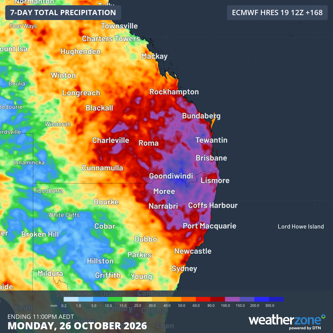 Forecast accumulated rain during the seven days ending at 11pm AEDT on Monday, October 26, 2026. Source: Weatherzone.