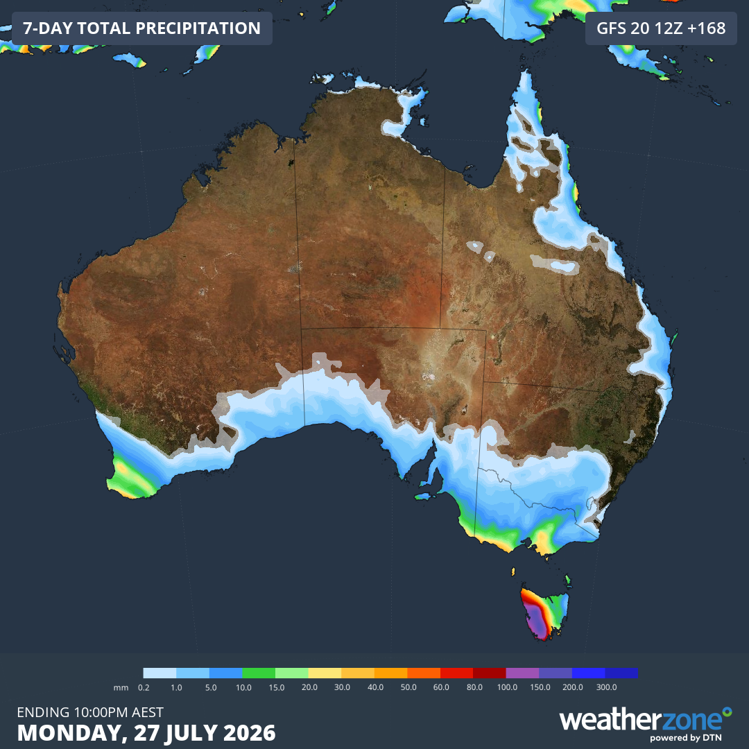 Forecast accumulated precipitation over Australia during the next seven days, showing heavy falls in western Tasmania. Source: Weatherzone.
