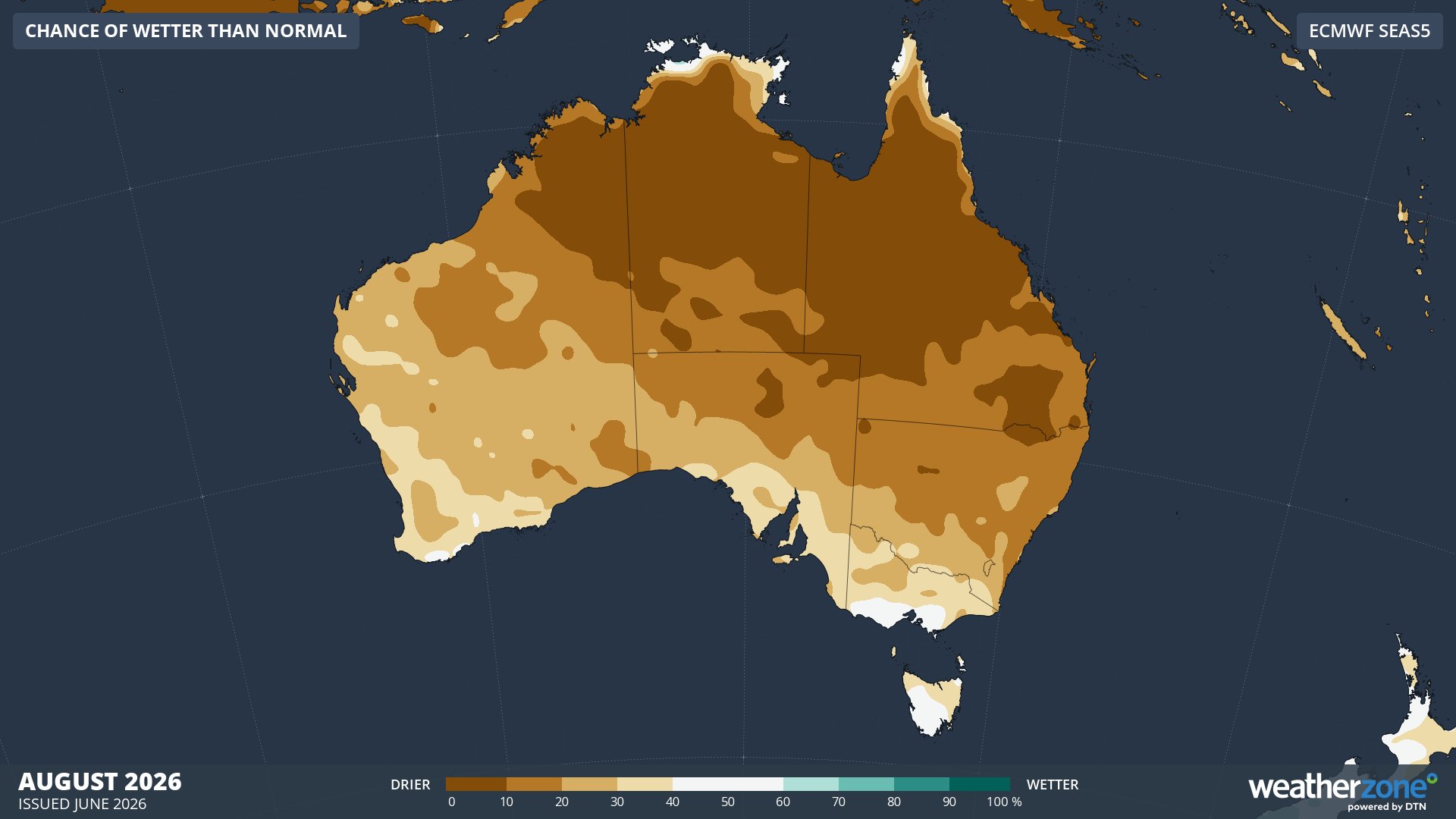 Chance of exceeding median rainfall in August 2026. Source: Weatherzone / ECMWF SEAS5