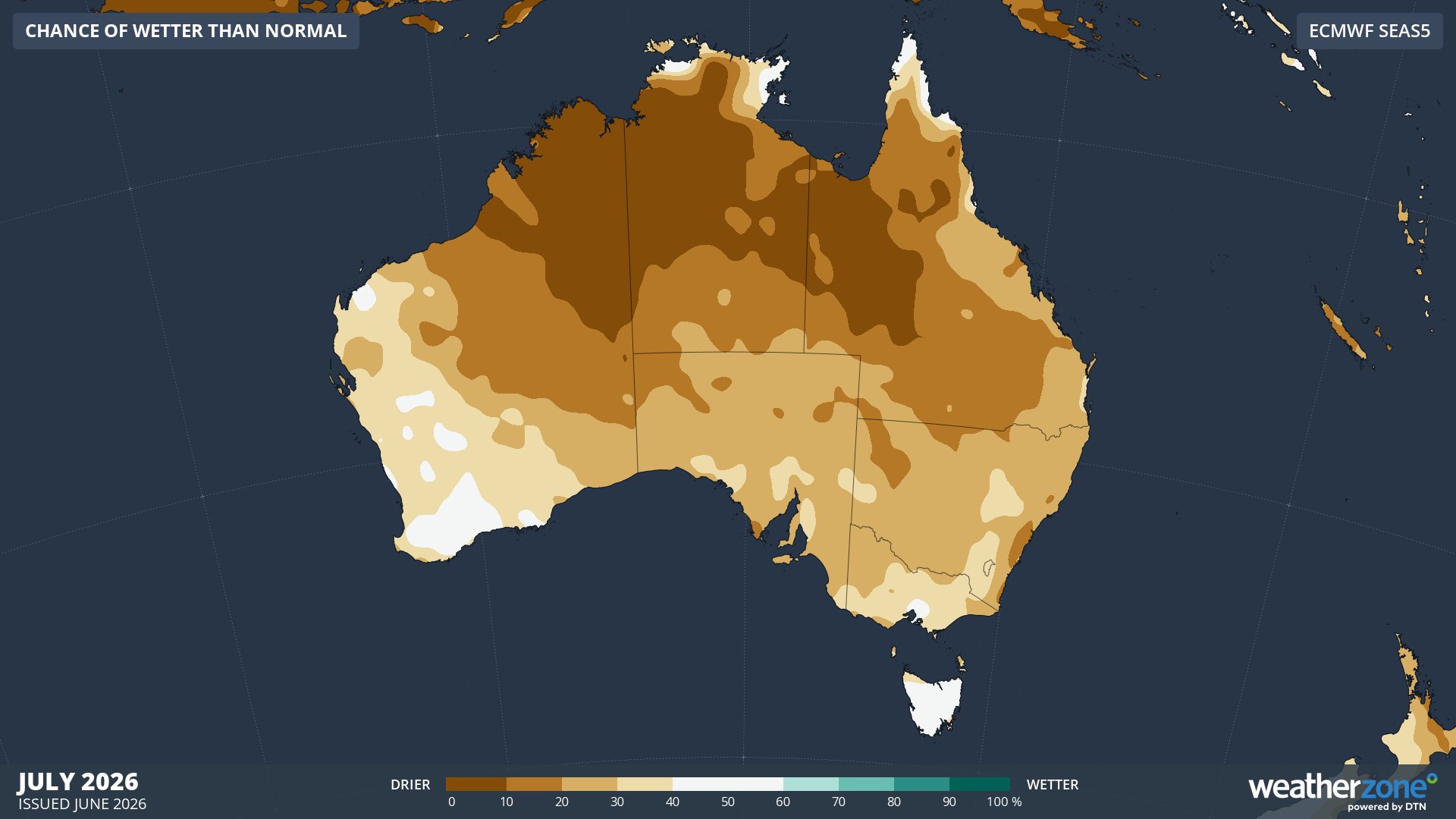 Chance of exceeding median rainfall in July 2026. Source: Weatherzone / ECMWF SEAS5