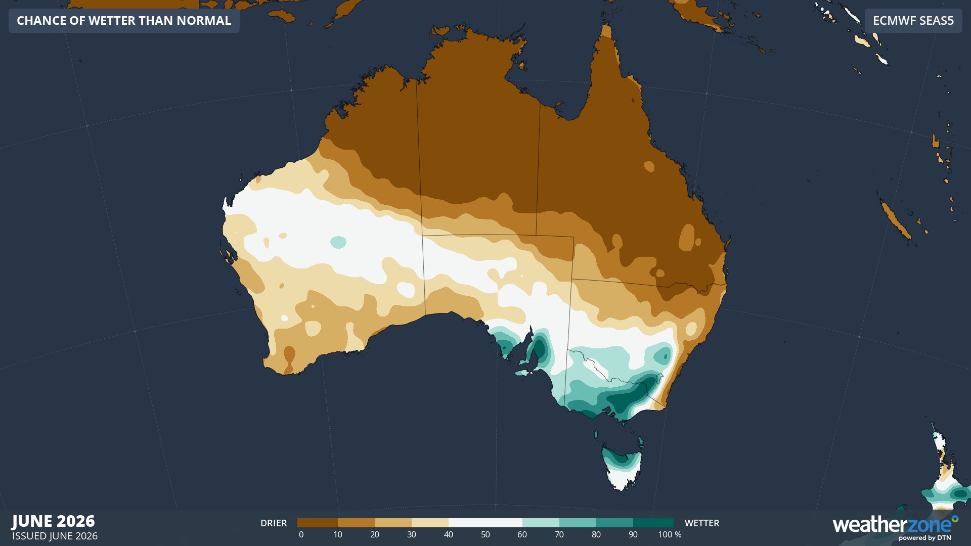 Chance of exceeding median rainfall in June 2026. Source: Weatherzone / ECMWF SEAS5