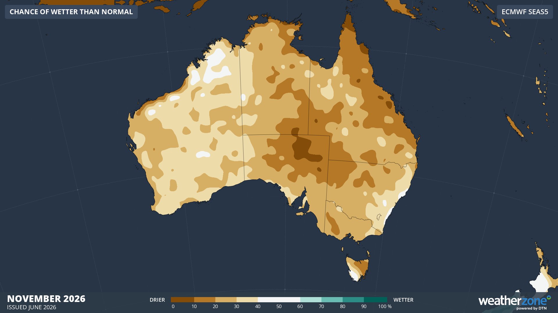 Chance of exceeding median rainfall in November 2026. Source: Weatherzone / ECMWF SEAS5