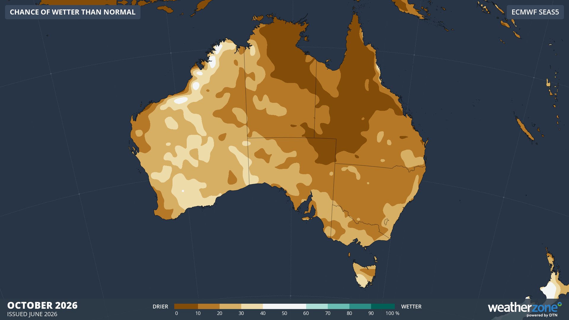 Chance of exceeding median rainfall in October 2026. Source: Weatherzone / ECMWF SEAS5