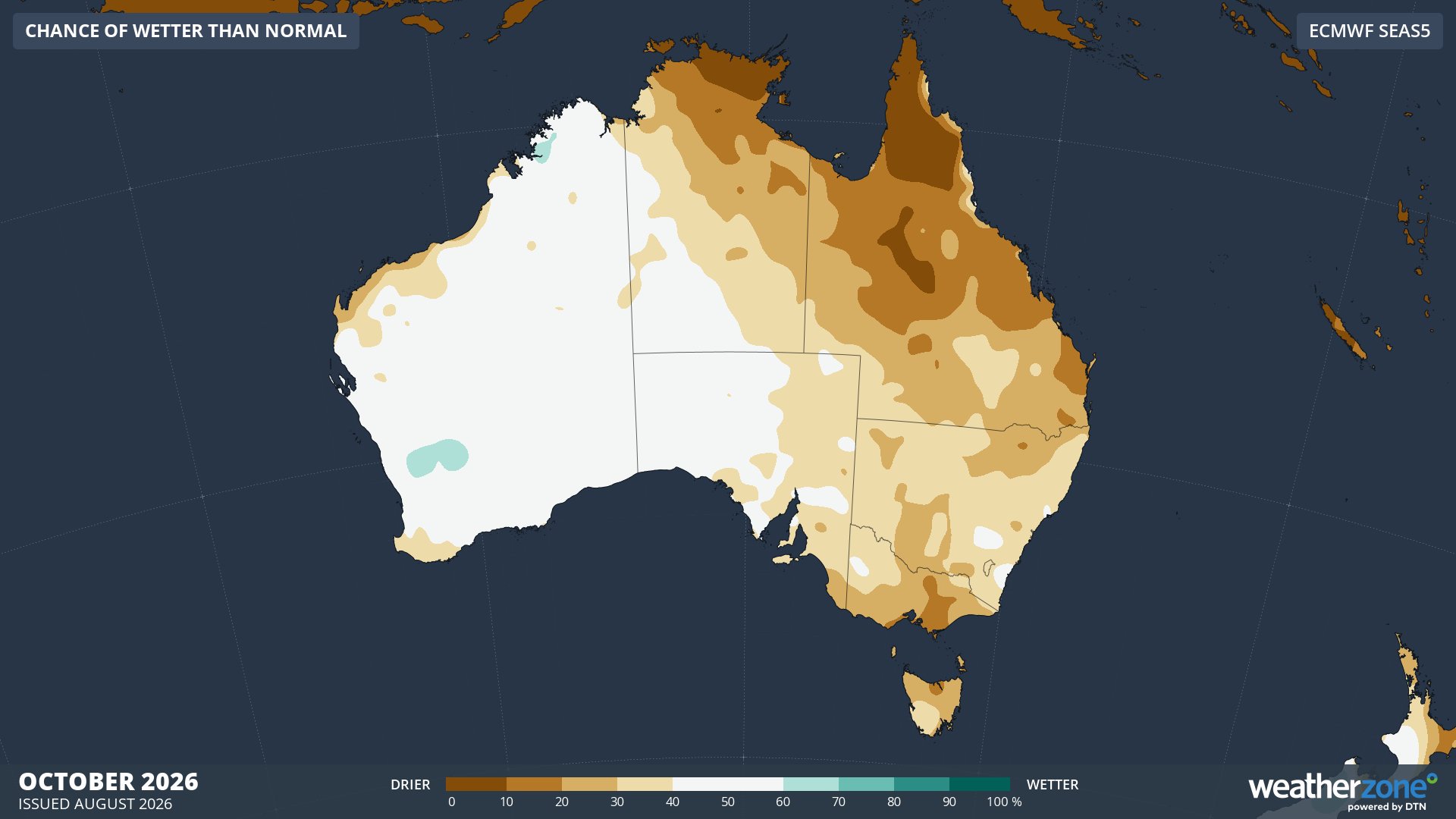Chance of exceeding median rainfall during October 2026, according to the ECMWF SEAS5 model. Source: Weatherzone.