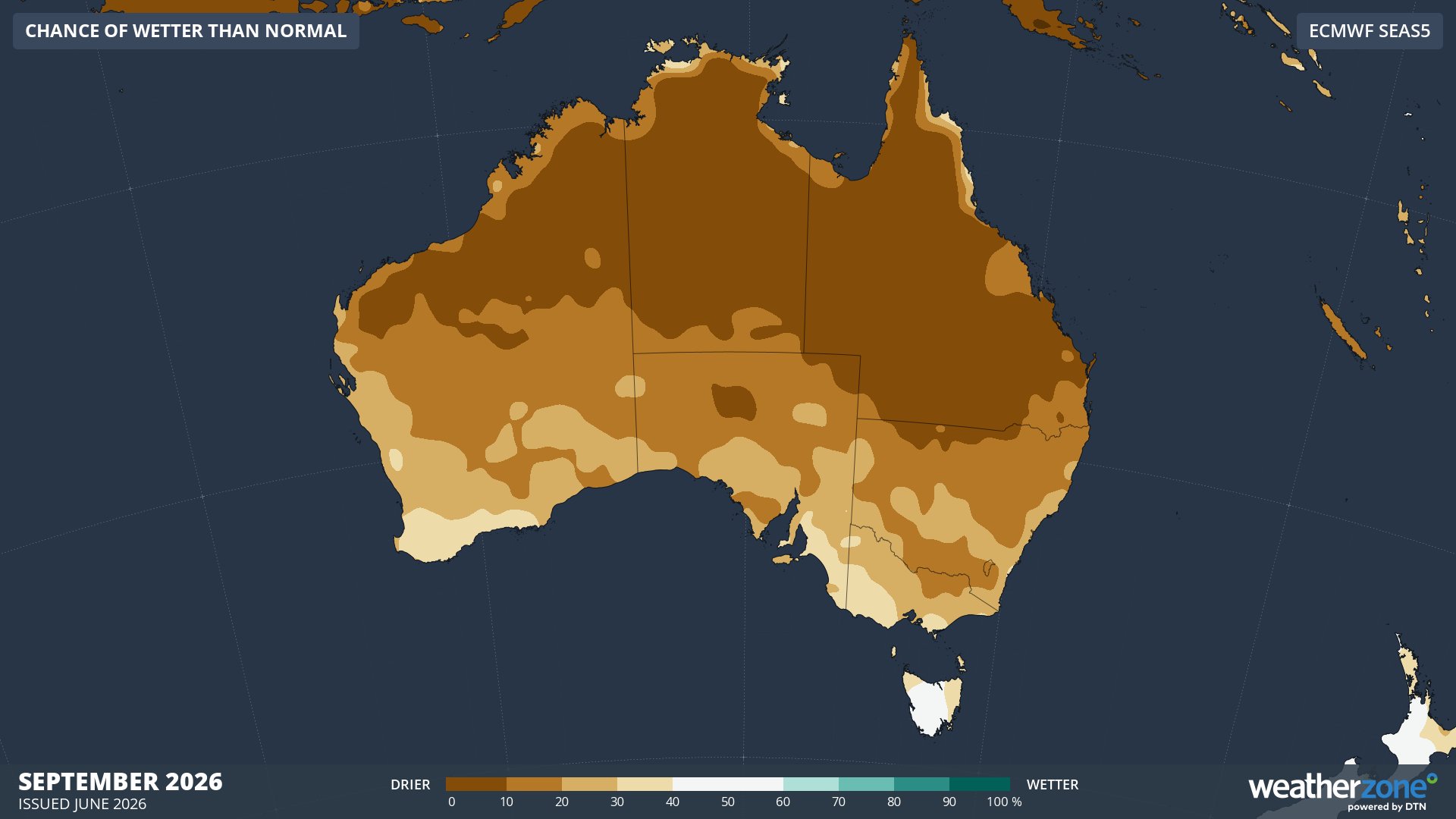 Chance of exceeding median rainfall in September 2026. Source: Weatherzone / ECMWF SEAS5