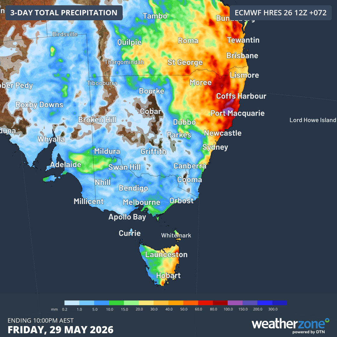 Forecast accumulated rain over southeastern Australia during the 72 hours ending at 10 pm AEST on Friday, May 29, 2026. Source: Weatherzone.