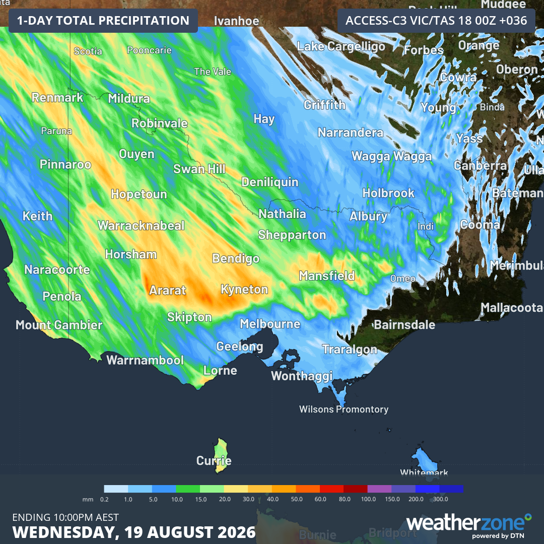 Forecast accumulated rain during the 36 hours ending at 10 pm AEST on Wednesday, August 19, 2026. Source: Weatherzone.