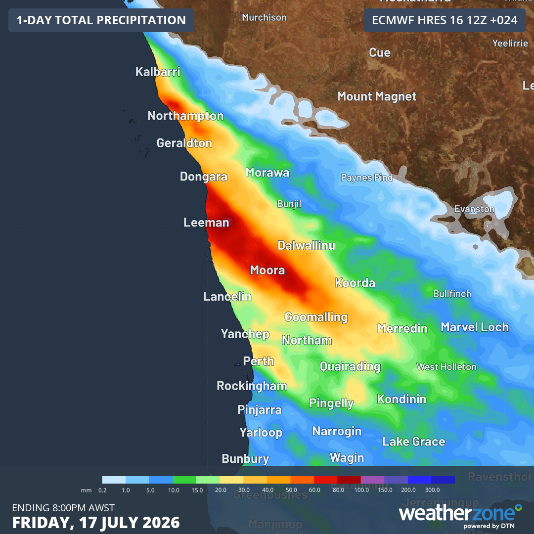 Forecast accumulated rain during the 24 hours ending at 8 pm AWST on Friday, July 17, 2026. Source: Weatherzone.