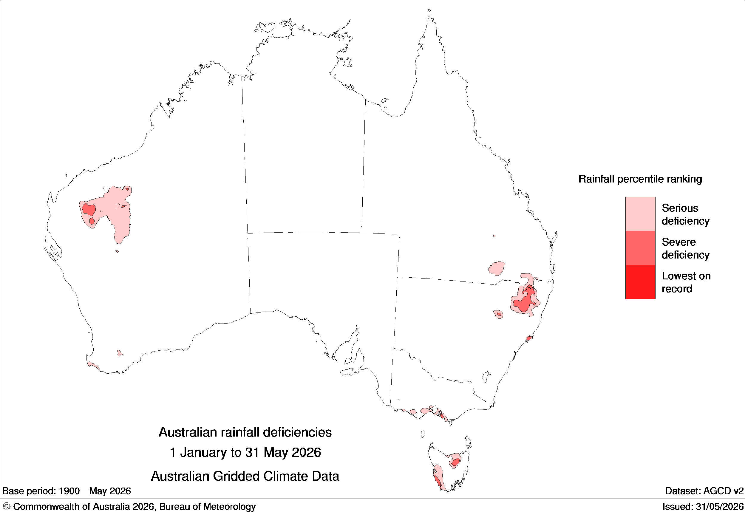 Five-month rainfall deficiencies between January 1 and May 31, 2026. Source: Bureau of Meteorology.