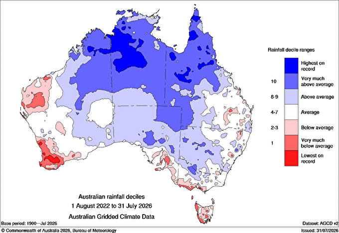 Australian rainfall deciles in the four-year period from August 2022 to July 2026. Source: BoM.