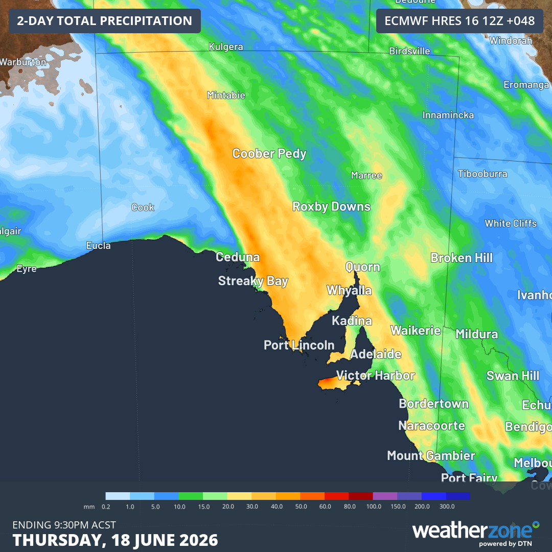 Forecast accumulated rain during the 48 hours ending at 9:30 pm ACST on Thursday, June 18, 2026. Source: Weatherzone.